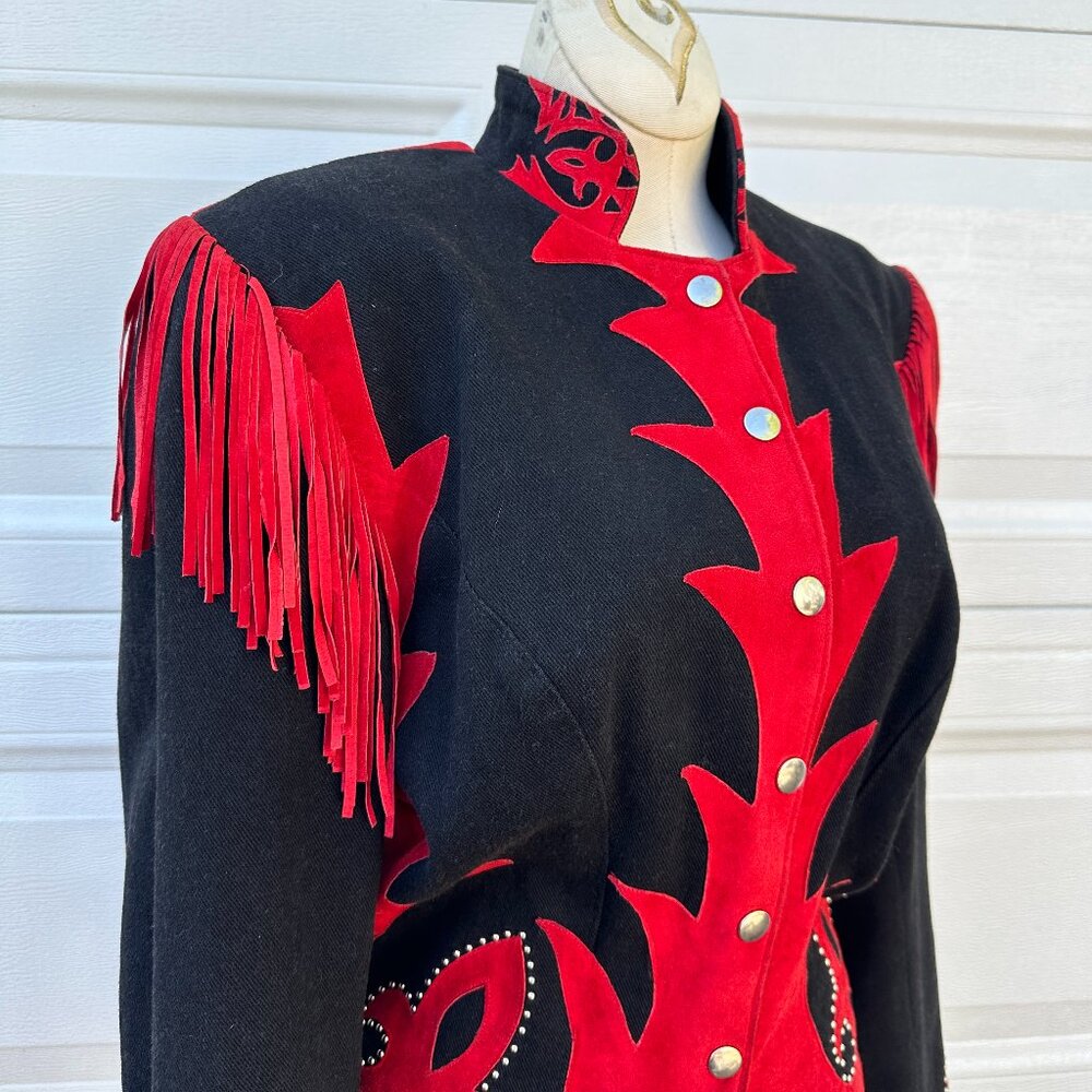 Vtg Western Suede Jacket Coat Tassels Fringe Red Black Corduroy Diamonds Leather - Picture 5 of 15
